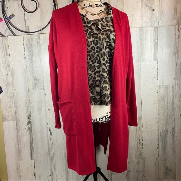 ❤️SALE❤️Red Open Front Cardigan Duster Pockets - Picture 2 of 6